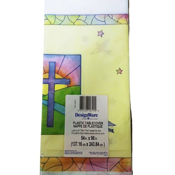 Easter Tablecloth Sunrise Cross Dove Yellow Purple Plastic Decoration 96 x 54 - Picture 1 of 6
